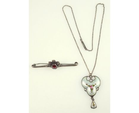 Art Nouveau silver and enamel pendant, with rose bud painting, silver barrel clasp, length 20 cm and an Edwardian three monke