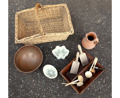 A large Victorian copper bowl, on stand, mahogany cutlery tray and ceramic jelly mould, butter pats and a collection of woode