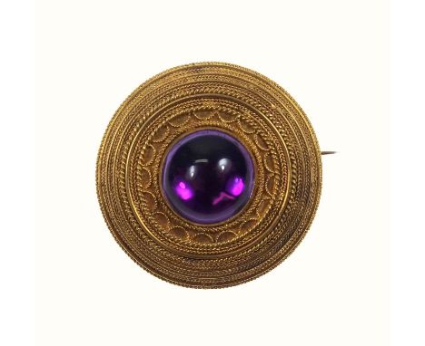 19th C. Swedish gold target pendant brooch, set with cabochon amethyst within bands of fine wirework, in 18ct gold, fitted bo