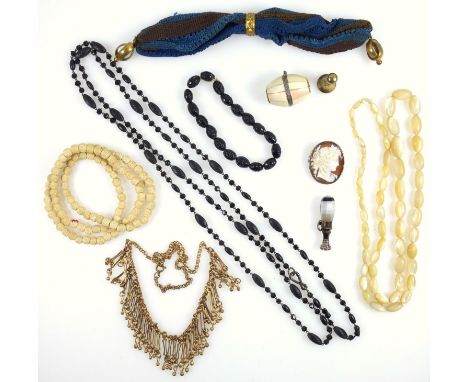 Group of Victorian jewellery, to include a shell cameo in silver mount, jet, mother of pearl and carved bone beads, an agate 