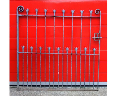 Ornate antique iron garden gate with scroll end and tulip finials, with impressed marks for 'BEST', 130 x 138 cm 