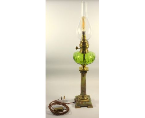 Victorian oil lamp converted to electricity, onyx column and base with brass mounts, and green slice cut reservoir, recently 