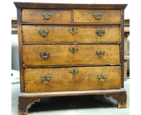 George I walnut and oak chest with a crossbanded top and front, with two short three graduated long drawers, on bracket feet 