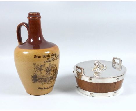 Bush Hotel Farnham a Doulton stoneware flagon, for the 'Bush' Blend of old Scotch Whiskey, and a barrel butter dish with silv