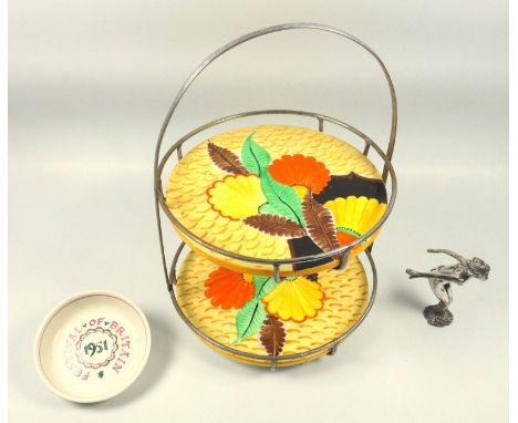 Art Deco two tier cake stand by James Kent, hand painted with bold design of flowers and leaves, height 32 cm, an Art Deco ch