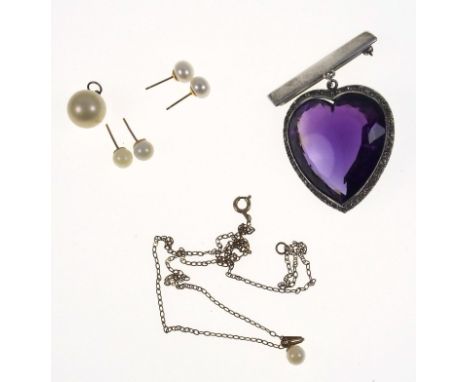 Large amethyst and paste heart form pendant brooch, and a group of pearl and faux pearl jewellery, amethyst pendant, 5 x 3.5 