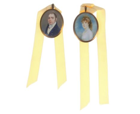 Two Regency period oval portrait miniatures with locks of hair to reverse in matching brass oval frames. Study of a gentleman