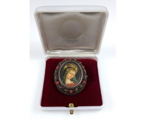 Hand painted portrait of a lady, in filigre mount, marked 800, a silver bangle with engraved decoration, cameo ring, and Iona