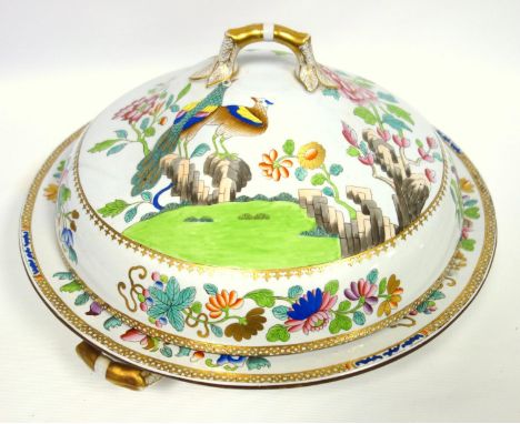 Spode new stone, an unusually large peacock pattern supper dish with cover, C 1815, four section interior, with drainers, mar