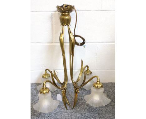 An Art Deco celling light, with stylised leaves and berries, frosted glass shades. Recently re-wired, drop 68 cm 