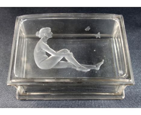 J &amp; L Lobmeyer Art Deco glass trinket box, decorated with etched figure of a seated nude and butterflies, bears makers ma