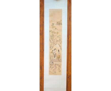 Four Meiji period Japanese scrolls, each depicting maidens in various pastimes, in a landscape setting, finely painted on pap