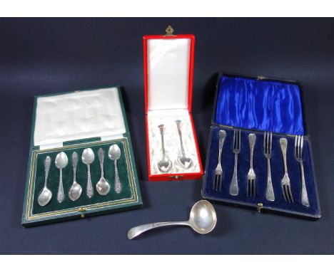 Set of six George V silver coffee spoons, each with a floral, reed and ribbon decorated handle, by Roberts &amp; Belk, Sheffi