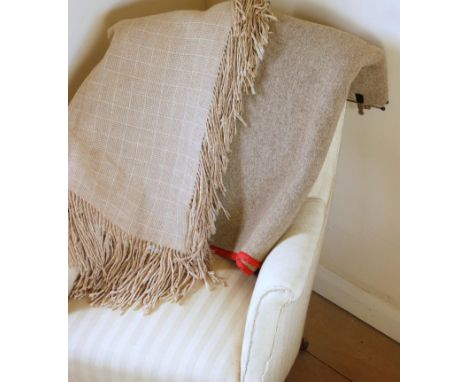 Welsh wool Cartheni, light brown and cream with long fringe, 160 x 156 cm and a heavy weight narrow width blanket with red co