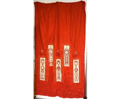 A mid 20thC, Scandinavian style embroidered wall hanging/ curtain, worked in cotton and silk on a linen ground, designed with