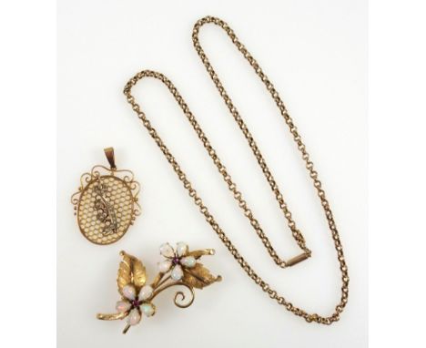 Opal set brooch, floral design with textured gold leaves, in 14 ct gold, 5 cm, an openwork pendant with seed pearls and a gol