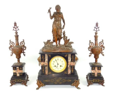 19th C. figural clock in marble and slate, with matching garniture, height 59 cm (3) 