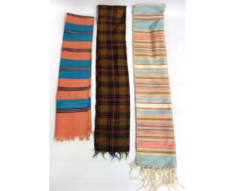 Victorian woven silk tartan neck tie, two striped silk scarves C. 1900, print silk shawl, net lace wedding veil, a vintage sc