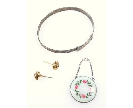 Silver enamel rose decorated pendant, maker J A &amp; S, Sheffield 1912, a silver bangle stamped Sterling silver and a pair o