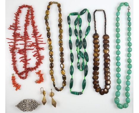 Art Deco paste clip and necklaces, long malachite beads, coral branch necklace and earrings, tigers eye necklace, Venetian mo