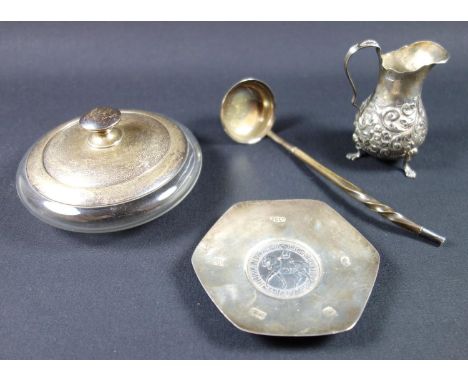 Group of silver and plated items including a small jug with foliate decoration in relief, Birmingham 1906, Edinburgh silver t