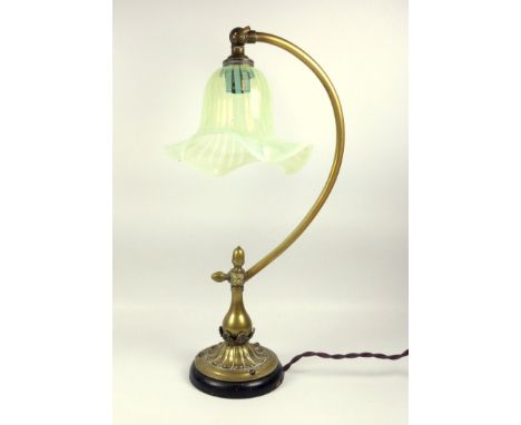 Brass table desk lamp with acorn finial and vaseline shade, C.1900, height 40cm 