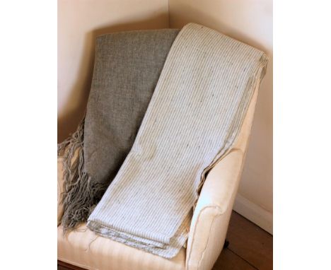 Welsh panel for a blanket (unused) in pale grey and cream stripe with small flecks, 69 x 452 cm and a grey Cartheni bed cover