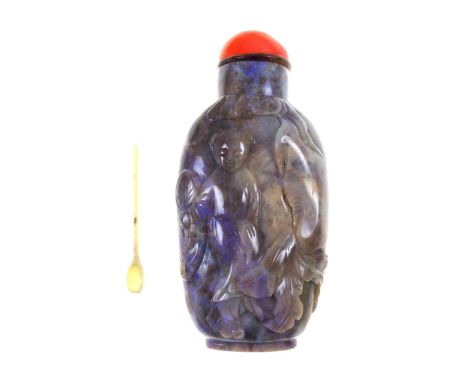 Chinese bolder opal snuff bottle, well carved example depicting a maiden in a garden, red agate top, carved bone spoon (detac