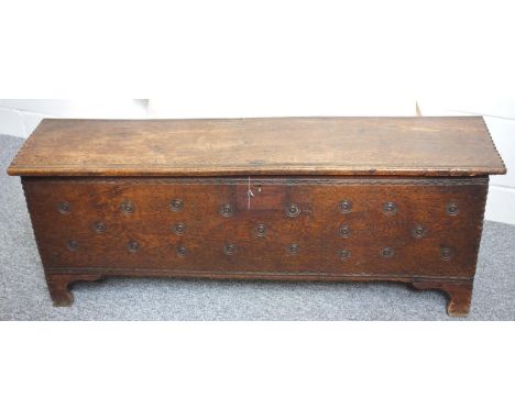 18th C. oak sword box. Lift up lid with candle box to interior, strap hinges, geometric &amp; punch mark decoration to top wi