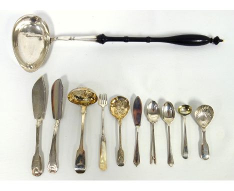 Victorian Fiddle pattern spoon with a gilt oval bowl by John Robert Harris, London 1846, caddy spoon by E.E., London 1854, tw