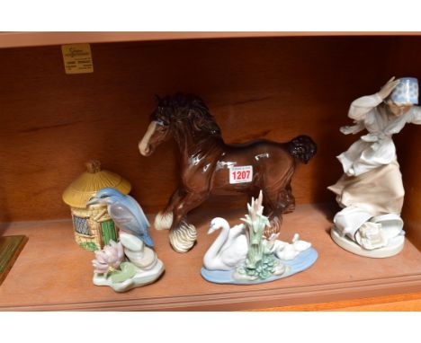 A Beswick brown shire horse; together with a Nao figure of a girl, (repair to thumb). 