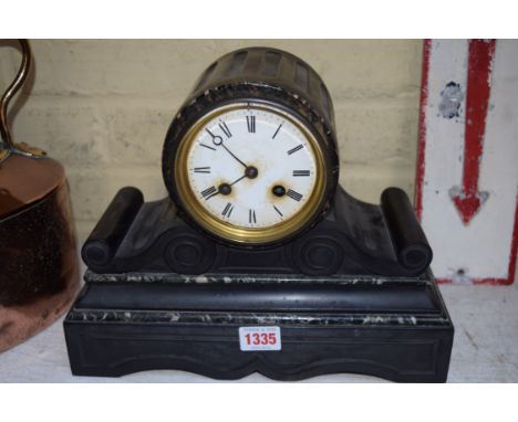 A late Victorian slate and marble mantel clock, 30cm wide.  Condition Report: This clock looks in good order.  However there 