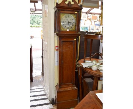 A George III oak 30 hour longcase clock, with bell striking 'birdcage' movement, the 11 inch square brass dial inscribed 'Ric