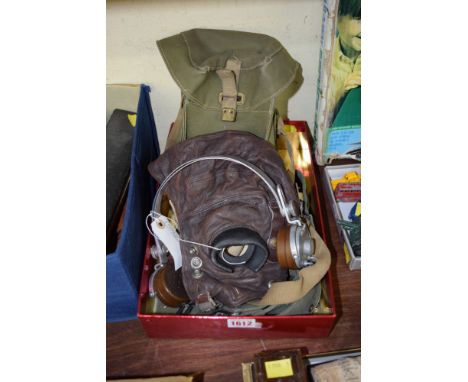 A vintage pilot's leather flying helmet, and aluminium headphones; together with seemingly related bag. 