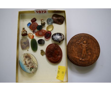 A pressed wood circular snuff box and cover; together with an Indian ivory watercolour miniature; and a small quantity of sea