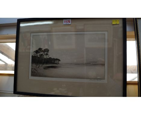 Johnstone Baird, Scots Pines by a lake, signed in pencil, etching, pl.17.5 x 30cm; together with an antique hand coloured map