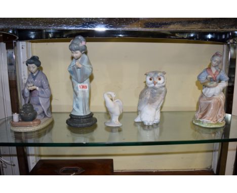 Two Lladro Japanese ladies, largest 27cm high; together with a Lladro goose; a Nao owl; and another similar figure of a seams