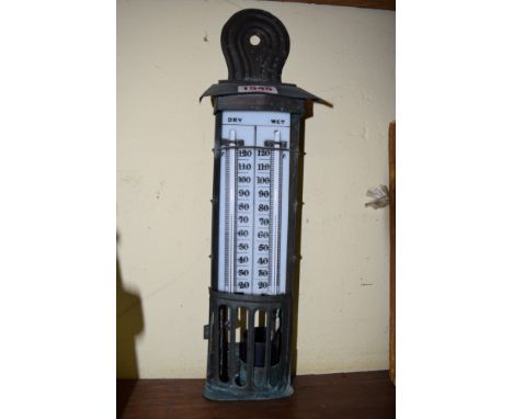 A vintage verdigris copper thermometer, with dry and wet scales, 35cm high.  