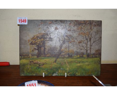 English School, early 20th century, lambs in a field, unsigned, oil on panel, 17.5 x 25.5cm, another woodland sketch verso, u