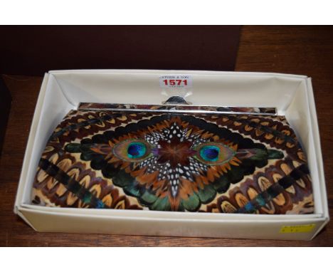 An unusual vintage pheasant feather handbag, in original box.  Condition Report: In good order overall, having had light use.