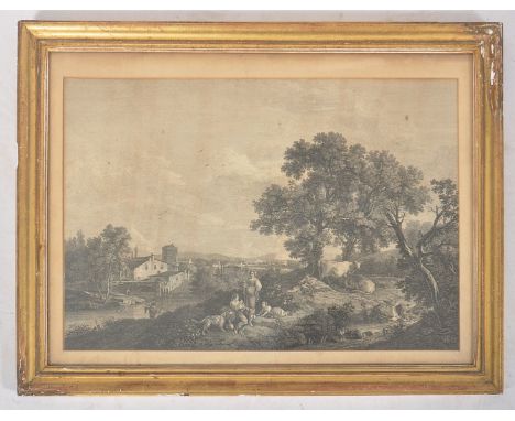 A late 19th century engraving depicting a brook with cows and, with a village in the background and a dog, two cows and a cro
