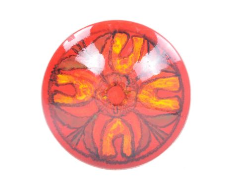 Poole Pottery - a vintage 20th century fruit bowl / centrepiece hand painted with glaze in red, brown and yellow. Marked 'Poo