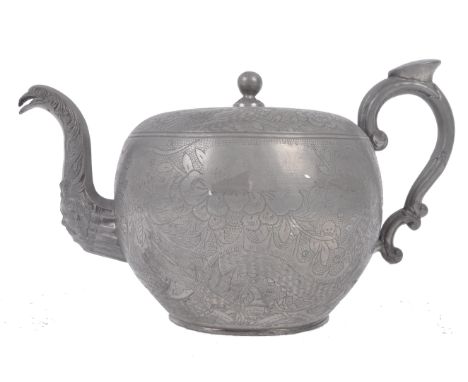 An early 20th century Chinese Republic period pewter teapot by Kut Hing Pewter Swatow. Scroll handle and mythical bird spout 