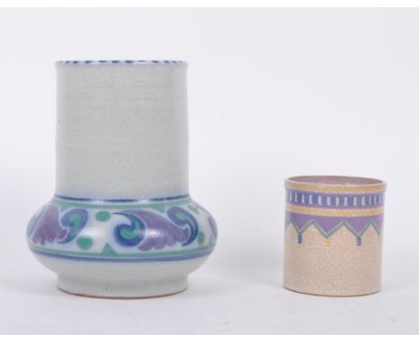 A retro circa 1920s small pot and a later circa 1940s vase by Poole Pottery, the vase with light blue ground and spiralling p