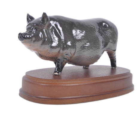 An early 20th century Edwardian Staffordshire ceramic model of a large black pig, mounted on smart moulded mahogany base line