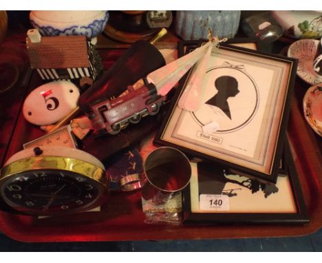 A Tray of Sundries to Include 00 Gauge Engine, Mother of Pearl Fan (AF) Cased Cut Throat Razors, Silhouettes Etc.
