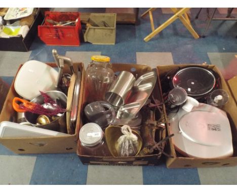 Three Boxes of Kitchen Wares to Include Vintage Scales, Glass Olive Jar, Old Hall Tray Etc.