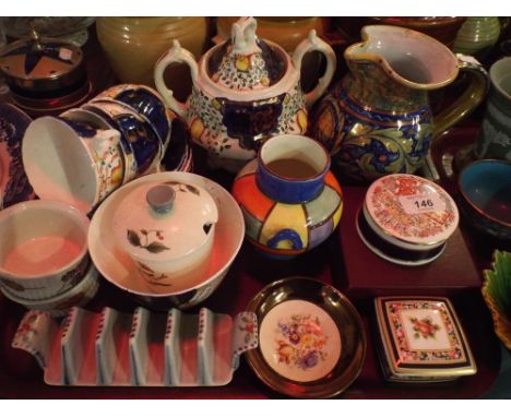 A Tray of Ceramics to Include Gaudy Welsh Ware, Poole Toast Rack, Italian Decorated Jug, Royal Worcester Ramekins Etc. 