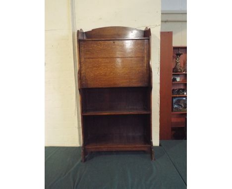 An Edwardian Oak Hall Bureau with Fall Front Flat to Fitted Interior, Raised Gallery and Book Shelf Base.