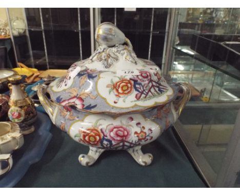 A Large Victorian Ceramic Soup Tureen with Two Handles and Floral Decoration.